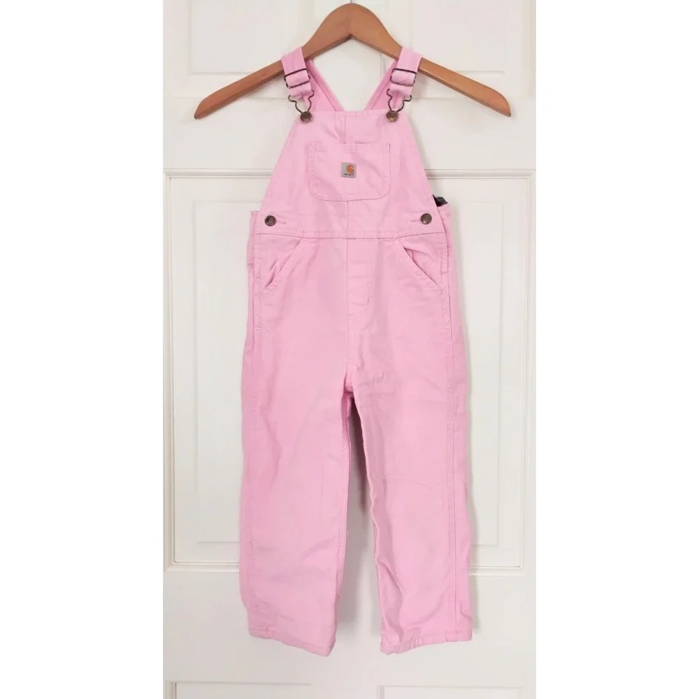 Carhartt Canvas Overalls Kids 4T Pink Plaid Flannel Lined Duck Bibs
